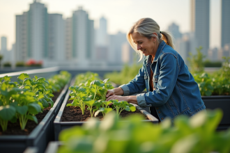 Femme d'âge moyen cultivant un jardin sur un toit urbain