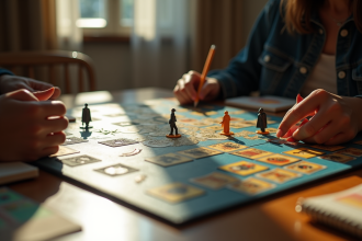 Scène de jeu Clue avec joueurs et pièces colorées