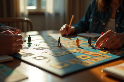 Scène de jeu Clue avec joueurs et pièces colorées
