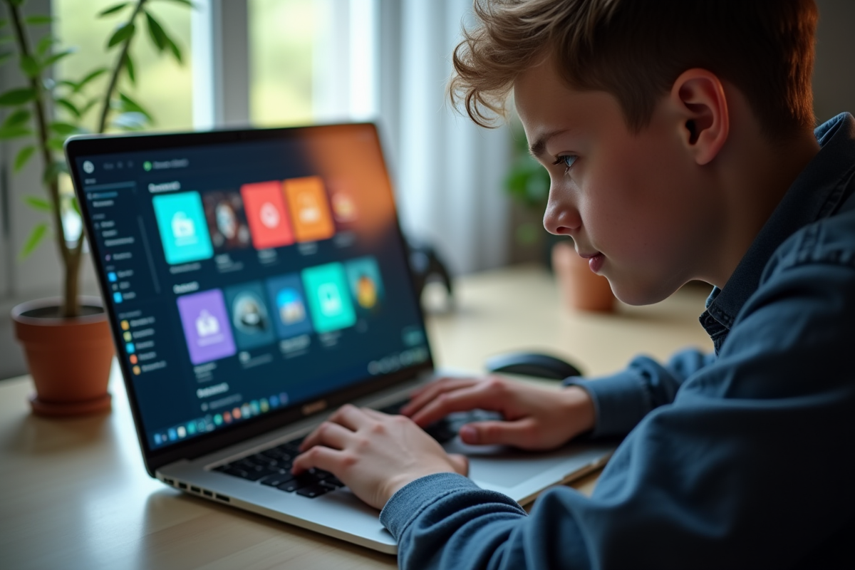 Jeune adulte concentré sur son ordinateur portable avec reflets de jeux vidéo