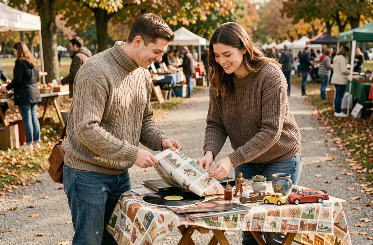 Jeune couple installant leur premier stand de brocante dans un parc lors d'un marché aux puces en plein air