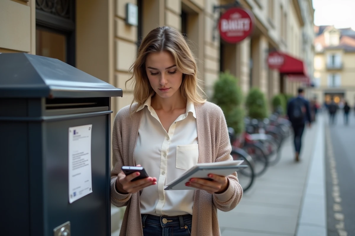 Jeune femme vérifiant ses enveloppes devant une boîte aux lettres urbaine