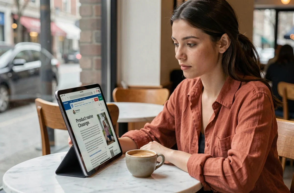 Jeune femme dans un café lisant un email annonçant le changement de nom d'un service numérique sur sa tablette