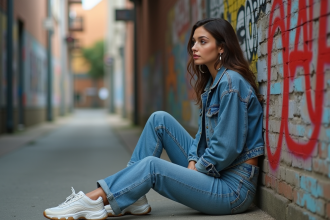 Jeune femme en denim vintage dans une rue urbaine