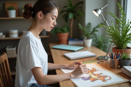 Jeune femme dessinant un Charizard avec des crayons de couleur