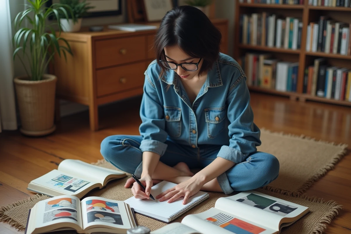Jeune femme étudiant la définition de l'art abstrait entourée de livres d'histoire de l'art à la maison