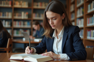 Jeune femme lisant un livre d'économie à la bibliothèque