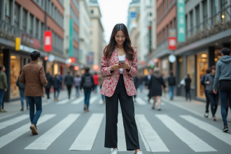 Jeune femme urbaine en blazer tendance dans la ville