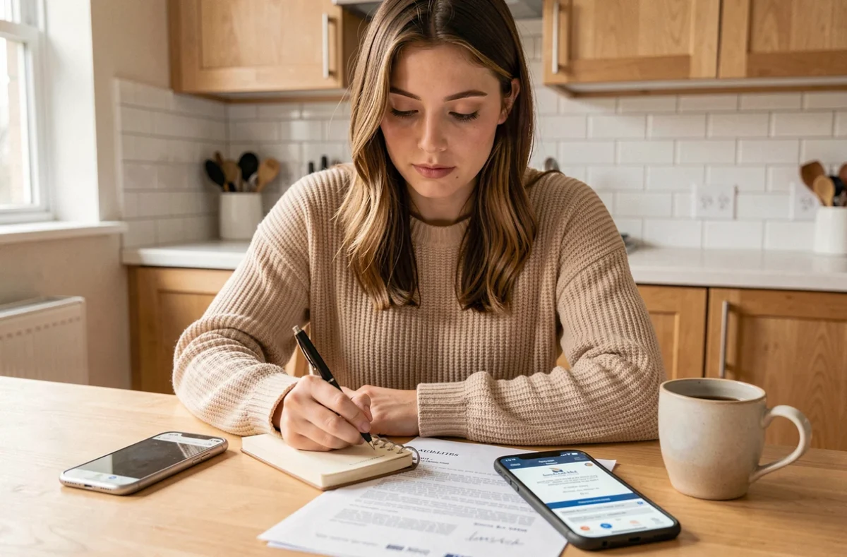 Jeune femme à la cuisine prenant des notes pour rédiger une lettre type à envoyer à un huissier de justice