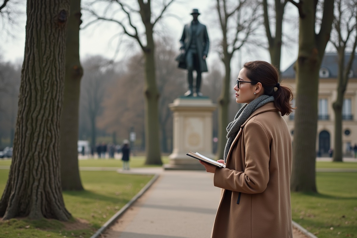 Jeune femme contemplant la statue de Stendhal dans un parc