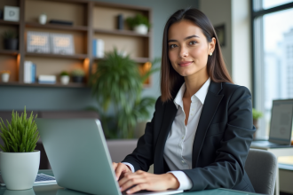 Jeune femme en blazer travaillant sur un ordinateur dans un espace coworking