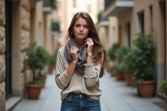Jeune femme en ville ajustant un foulard recyclé