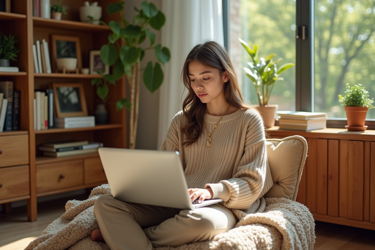 Jeune fille étudiante travaillant sur son ordinateur à la maison