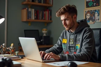 Jeune homme geek avec hoodie rétro et figurines