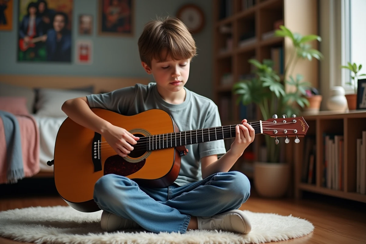 Jeune garçon en t-shirt pratique un accord B7 sur guitare acoustique