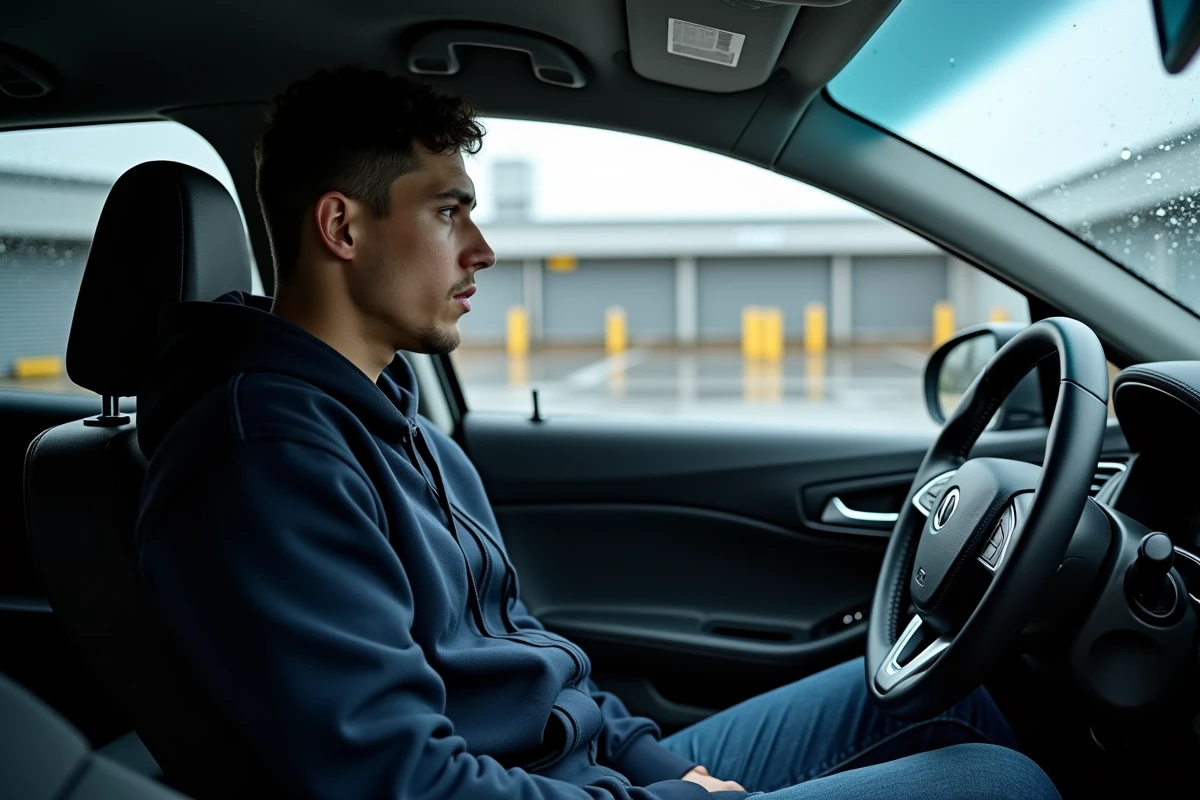 Jeune homme dans sa voiture regardant les relais colis fermés