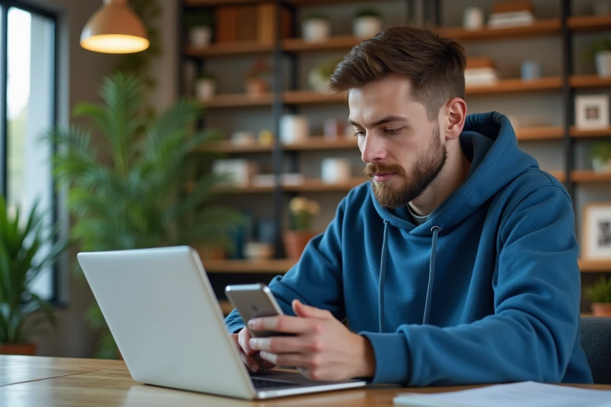 Jeune homme en hoodie code sur smartphone dans un bureau moderne