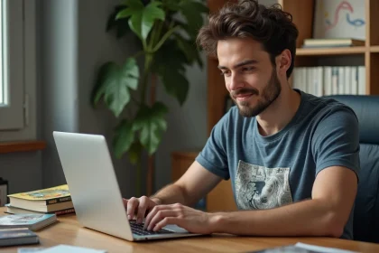 Jeune homme lisant manga sur son ordinateur dans un appartement lumineux