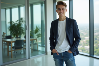 Jeune homme d'affaires souriant dans un bureau moderne