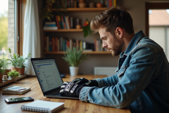 Jeune homme en bureau cherchant motocross d'occasion