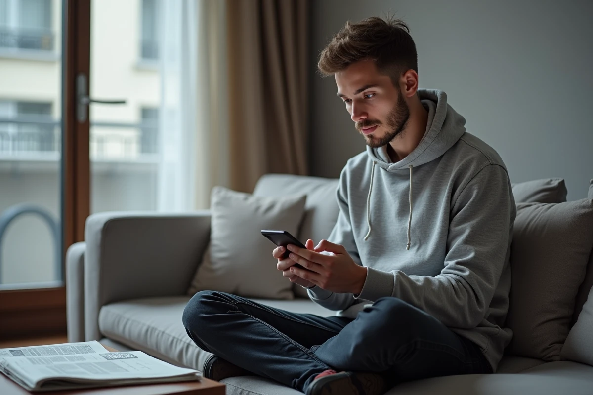 Jeune homme découvrant ses résultats d'un quiz sur l'orientation politique française sur smartphone