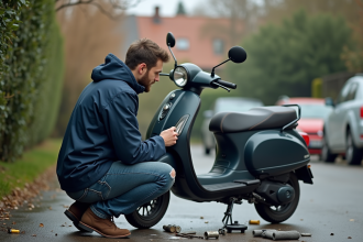 Jeune homme vérifie l'huile de son scooter 50cc en extérieur