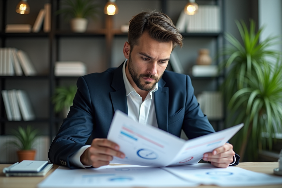 Jeune homme professionnel analysant des documents en bureau moderne