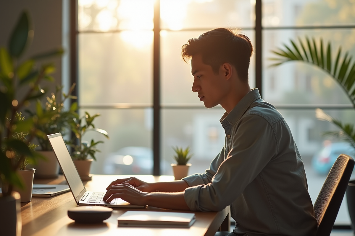 Jeune professionnel utilisant un laptop sur un bureau lumineux