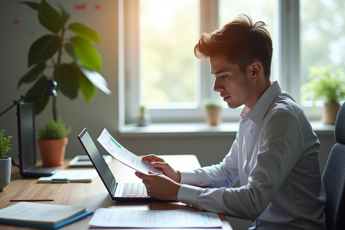 Jeune professionnel au bureau lumineux vérifiant sa fiche de paie