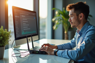 Jeune spécialiste informatique réparant un routeur moderne sur un bureau lumineux