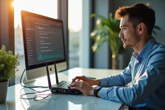 Jeune spécialiste informatique réparant un routeur moderne sur un bureau lumineux