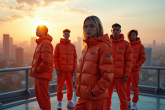 Groupe de jeunes en techwear moderne sur un toit urbain au lever du soleil