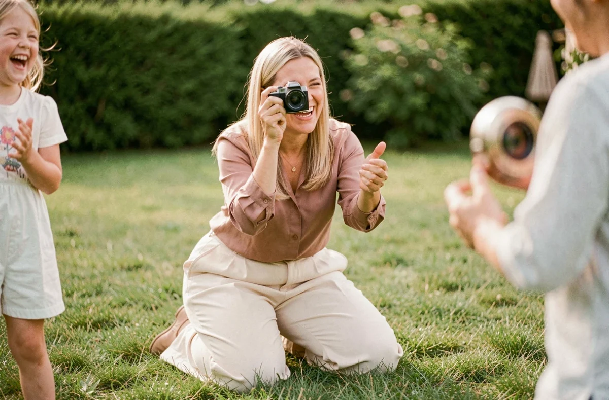 Julie photographe accroupie sur une pelouse lors d'une séance photo famille en extérieur