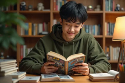 Jeune homme lisant un manga à son bureau entouré d'une collection de livres manga dans un bureau cosy