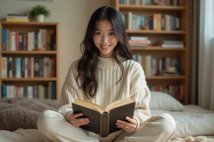 Jeune femme lisant un manga assis sur le sol de sa chambre entourée de nombreux volumes en bibliothèque