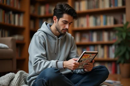 Jeune homme lisant des mangas sur une tablette avec une application de scan manga dans un salon cosy