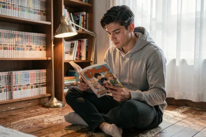 Jeune homme lisant un manga en version française dans une chambre entourée de collections de mangas
