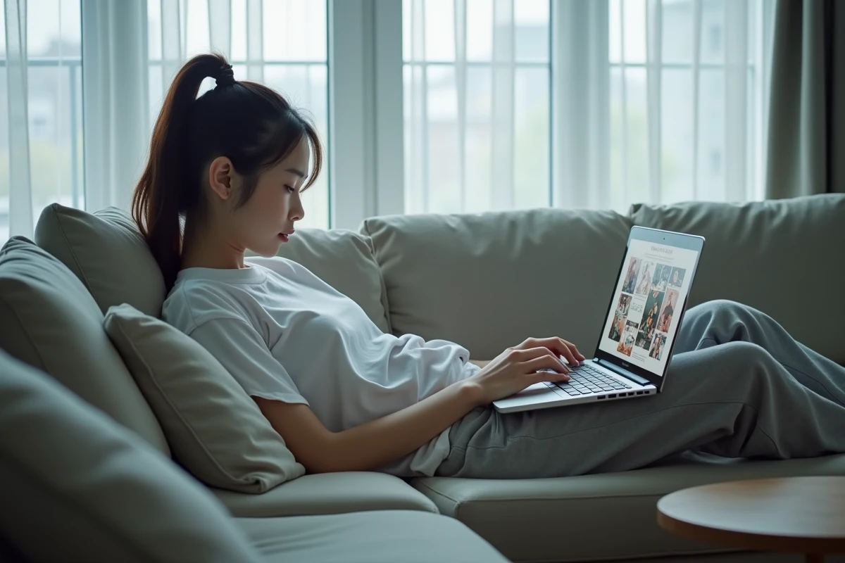 Jeune femme lisant des scans de manga en ligne sur son ordinateur portable allongée sur un canapé moderne