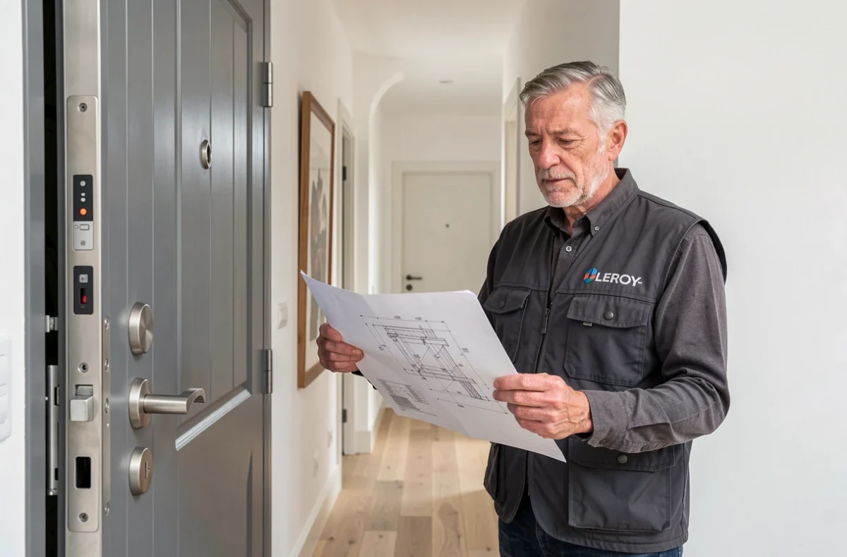 Serrurier Leroy Serrurerie analysant un plan technique devant une porte blindée installée dans un couloir moderne
