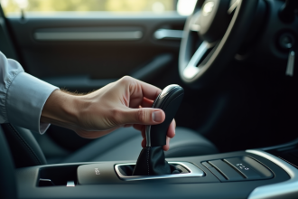 Main du conducteur sur levier de vitesse automatique lumineux