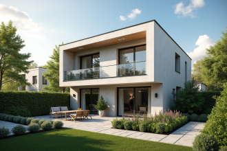 Façade moderne d'une maison T5 en France avec jardin ensoleillé