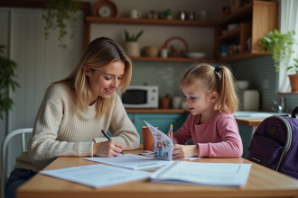 Maman et fille préparant des papiers à la maison