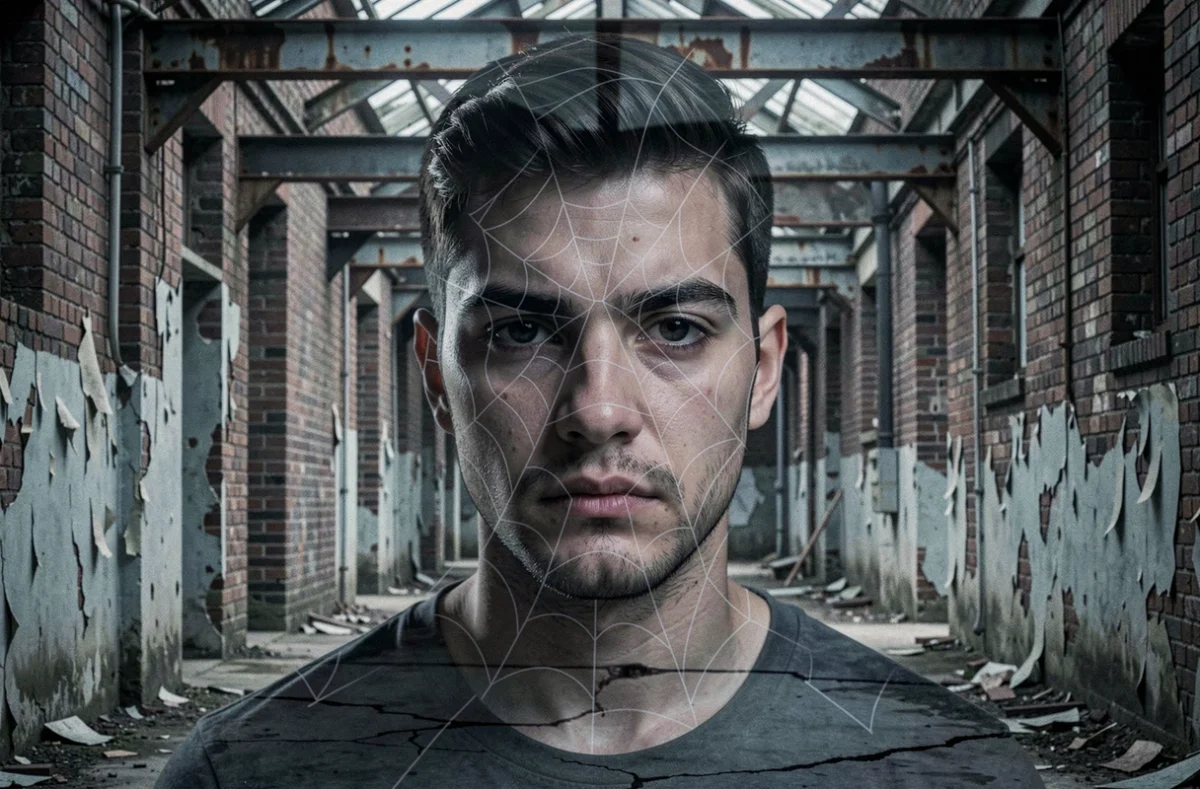 Portrait en double exposition d'un jeune homme dont le visage se superpose à une silhouette menaçante couverte de toiles d'araignée dans un couloir industriel abandonné