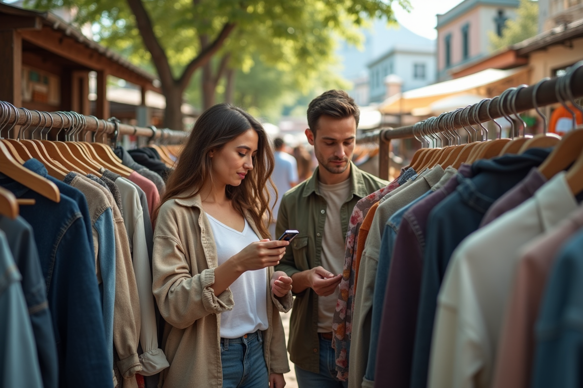 Groupe d amis cherchant des vêtements d occasion en marché