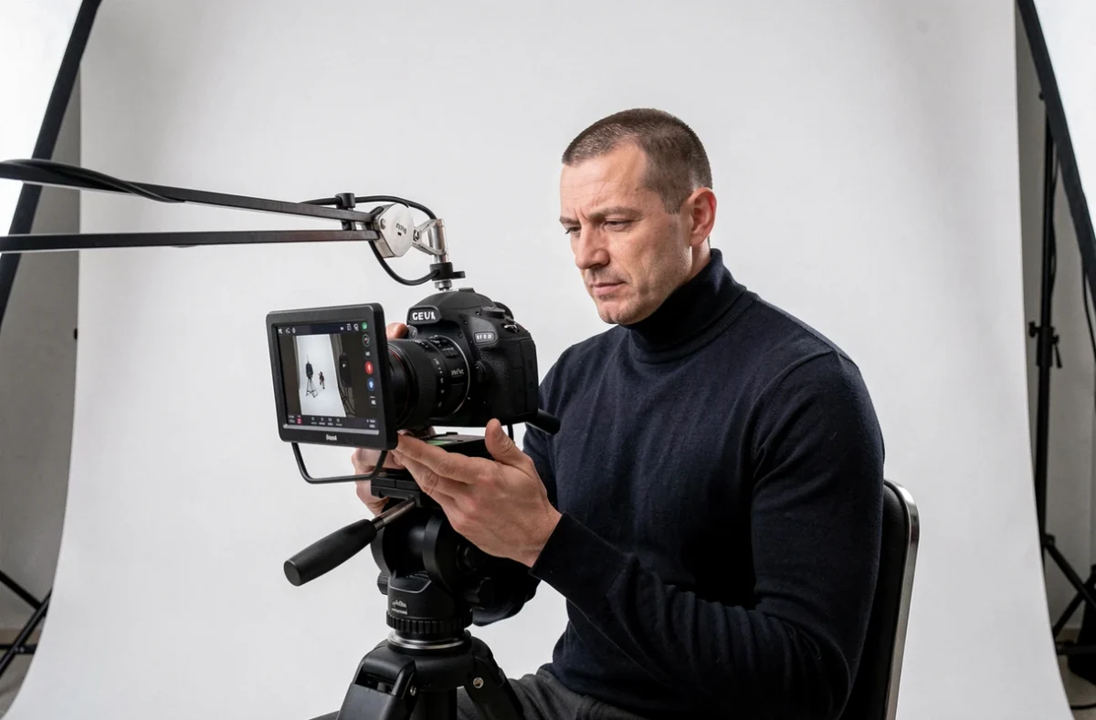 Maximilien photographe en studio commercial lors d'une session de prises de vue