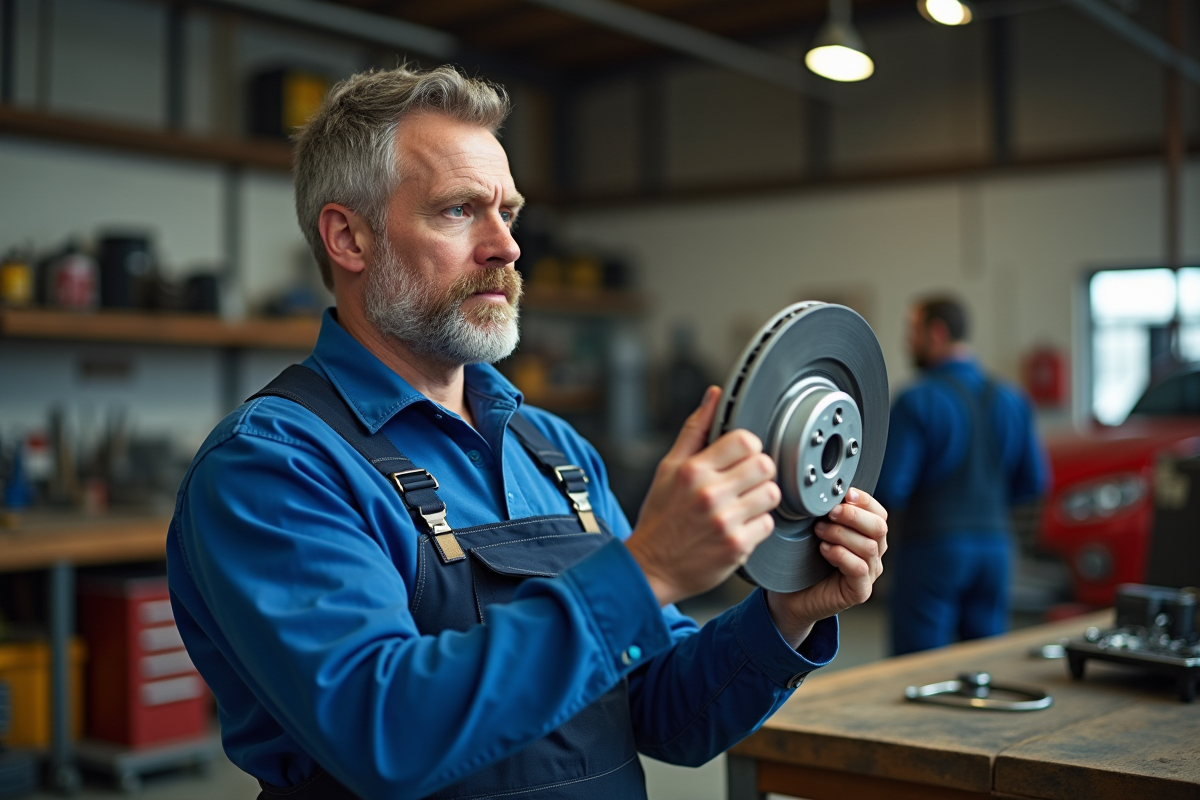 Mécanicien homme examinant un disque de frein brillant dans un atelier