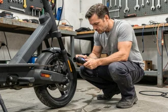 Mécanicien professionnel analysant le moteur d'une trottinette électrique avec un outil de diagnostic dans un atelier urbain