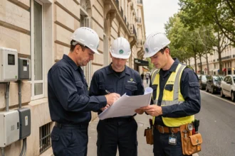 Équipe d'électriciens professionnels devant un immeuble parisien haussmannien, illustrant le classement des meilleurs électriciens en Île-de-France