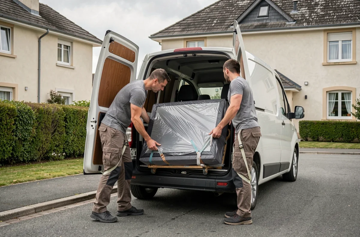 Technicien de Mindurry SARL chargeant un meuble dans un camionnette de déménagement devant une maison du Pays Basque