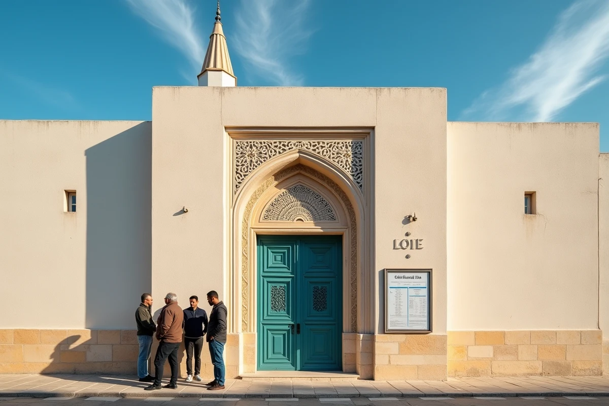 Façade d'une mosquée à Marseille avec des fidèles consultant le tableau des horaires de prière